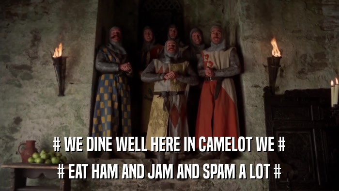 # WE DINE WELL HERE IN CAMELOT WE # # EAT HAM AND JAM AND SPAM A LOT # 