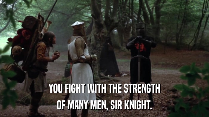 YOU FIGHT WITH THE STRENGTH OF MANY MEN, SIR KNIGHT. 