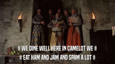 # WE DINE WELL HERE IN CAMELOT WE # # EAT HAM AND JAM AND SPAM A LOT # 