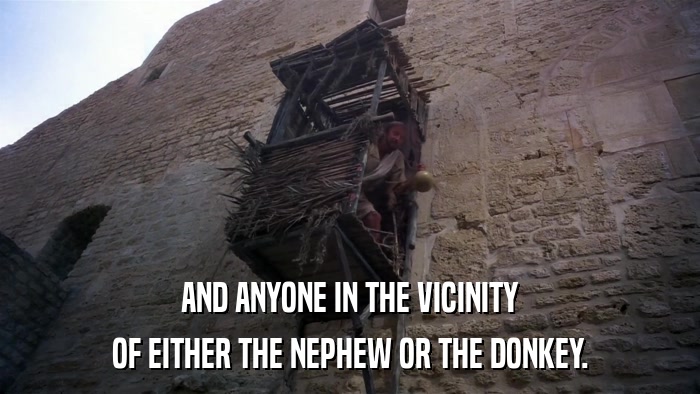 AND ANYONE IN THE VICINITY OF EITHER THE NEPHEW OR THE DONKEY. 
