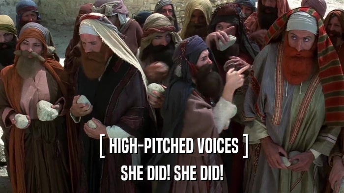 [ HIGH-PITCHED VOICES ] SHE DID! SHE DID! 
