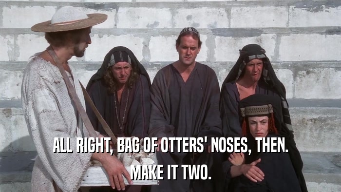 ALL RIGHT, BAG OF OTTERS' NOSES, THEN. MAKE IT TWO. 