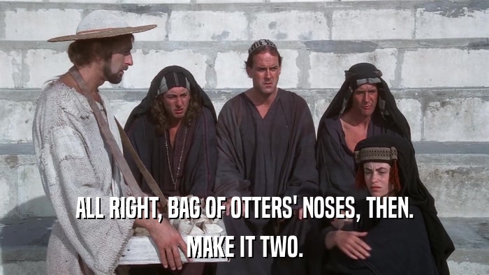ALL RIGHT, BAG OF OTTERS' NOSES, THEN. MAKE IT TWO. 