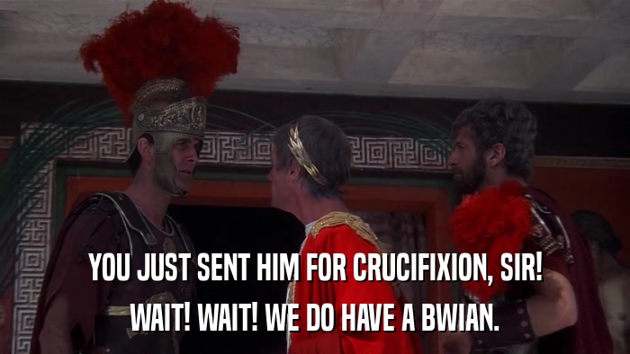 YOU JUST SENT HIM FOR CRUCIFIXION, SIR! WAIT! WAIT! WE DO HAVE A BWIAN. 