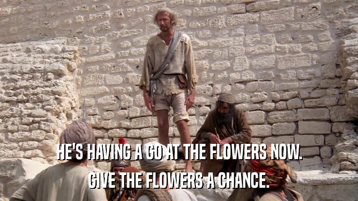 HE'S HAVING A GO AT THE FLOWERS NOW. GIVE THE FLOWERS A CHANCE. 