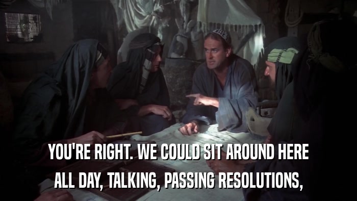 YOU'RE RIGHT. WE COULD SIT AROUND HERE ALL DAY, TALKING, PASSING RESOLUTIONS, 