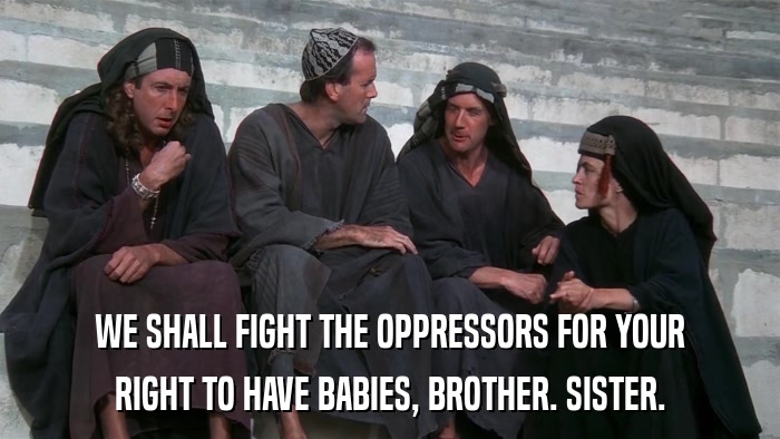 WE SHALL FIGHT THE OPPRESSORS FOR YOUR RIGHT TO HAVE BABIES, BROTHER. SISTER. 
