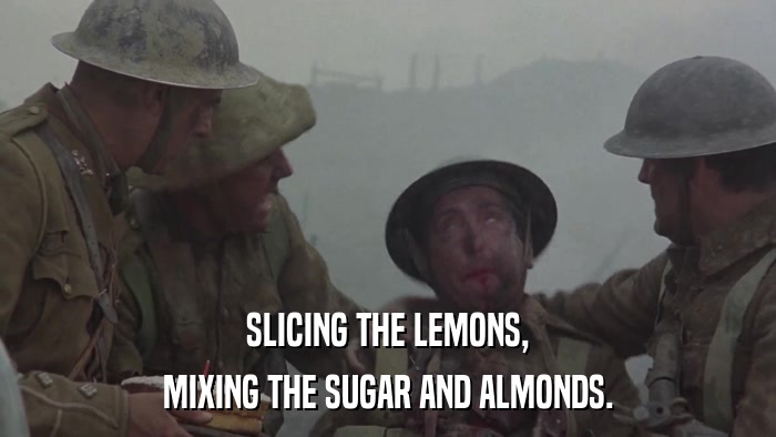 SLICING THE LEMONS, MIXING THE SUGAR AND ALMONDS. 