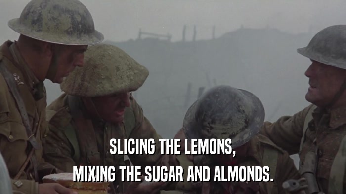 SLICING THE LEMONS, MIXING THE SUGAR AND ALMONDS. 