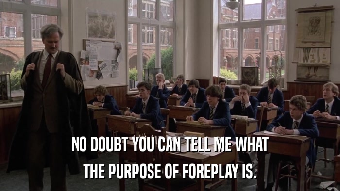 NO DOUBT YOU CAN TELL ME WHAT THE PURPOSE OF FOREPLAY IS. 