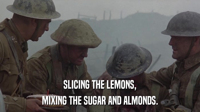 SLICING THE LEMONS, MIXING THE SUGAR AND ALMONDS. 