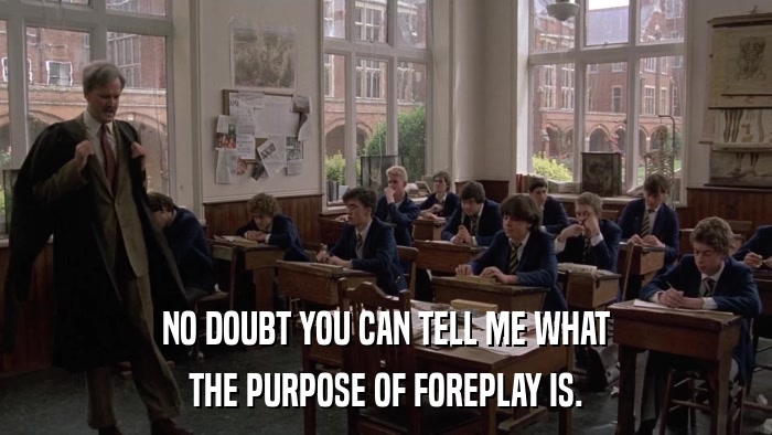 NO DOUBT YOU CAN TELL ME WHAT THE PURPOSE OF FOREPLAY IS. 