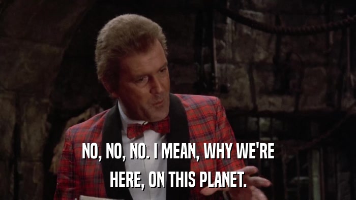NO, NO, NO. I MEAN, WHY WE'RE HERE, ON THIS PLANET. 