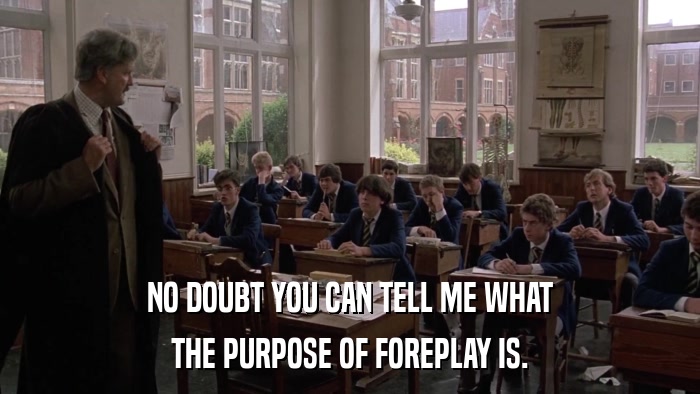NO DOUBT YOU CAN TELL ME WHAT THE PURPOSE OF FOREPLAY IS. 