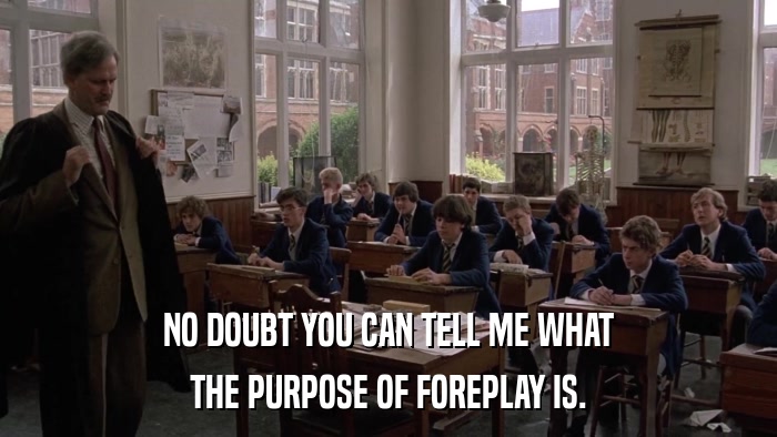 NO DOUBT YOU CAN TELL ME WHAT THE PURPOSE OF FOREPLAY IS. 
