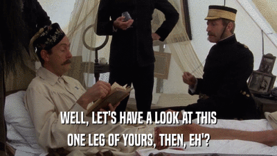 WELL, LET'S HAVE A LOOK AT THIS ONE LEG OF YOURS, THEN, EH'? 