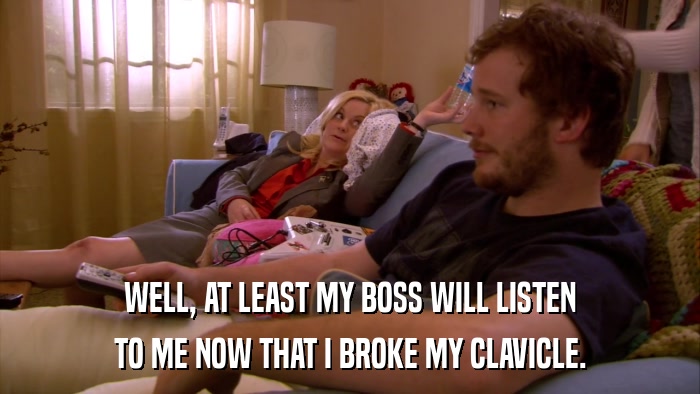WELL, AT LEAST MY BOSS WILL LISTEN TO ME NOW THAT I BROKE MY CLAVICLE. 
