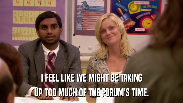 I FEEL LIKE WE MIGHT BE TAKING UP TOO MUCH OF THE FORUM'S TIME. 