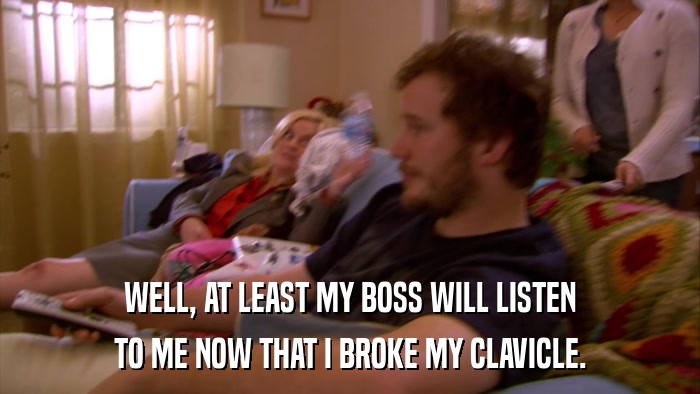 WELL, AT LEAST MY BOSS WILL LISTEN TO ME NOW THAT I BROKE MY CLAVICLE. 