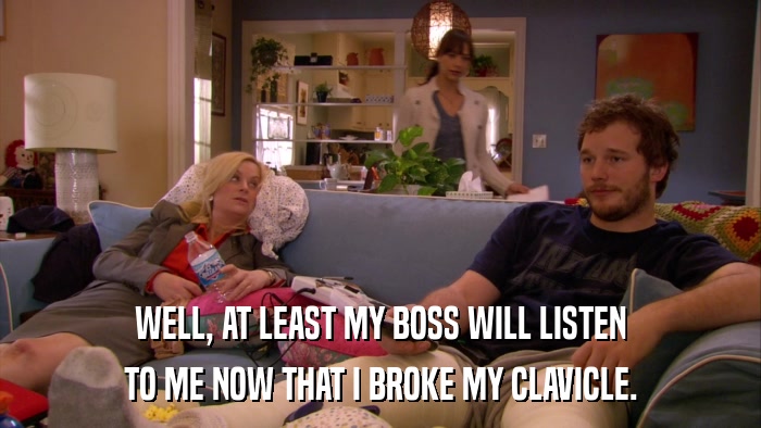 WELL, AT LEAST MY BOSS WILL LISTEN TO ME NOW THAT I BROKE MY CLAVICLE. 
