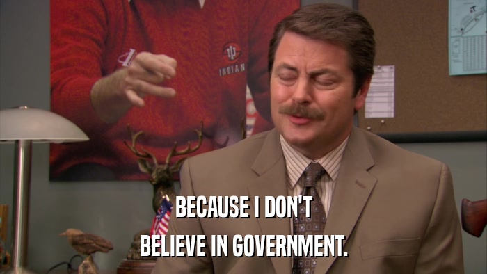 BECAUSE I DON'T BELIEVE IN GOVERNMENT. 