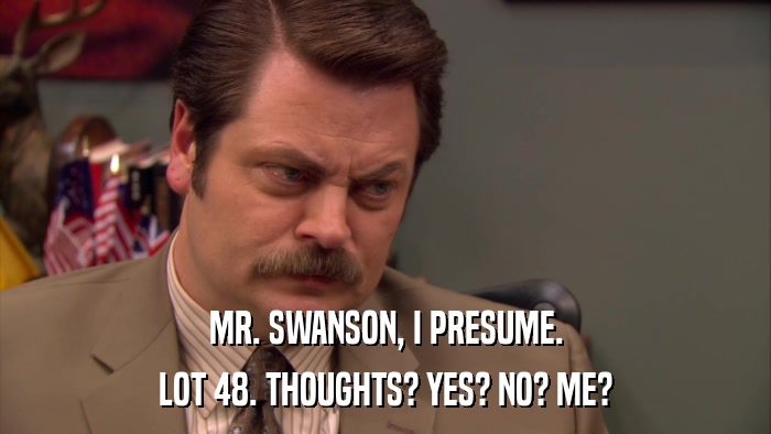 MR. SWANSON, I PRESUME. LOT 48. THOUGHTS? YES? NO? ME? 