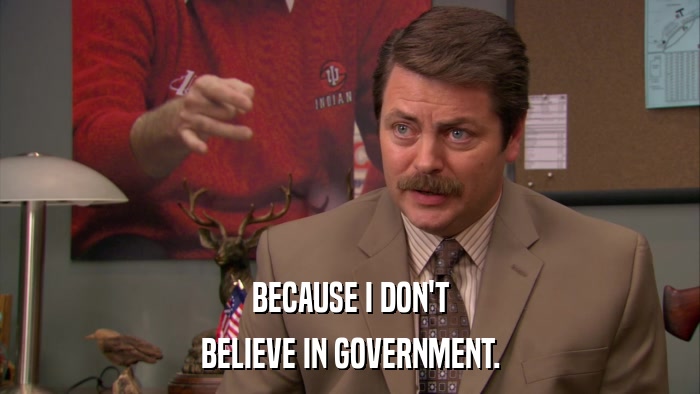BECAUSE I DON'T BELIEVE IN GOVERNMENT. 