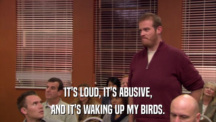 IT'S LOUD, IT'S ABUSIVE, AND IT'S WAKING UP MY BIRDS. 