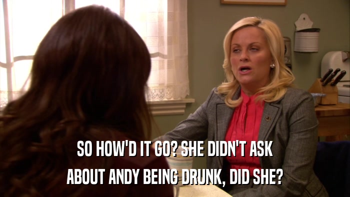 SO HOW'D IT GO? SHE DIDN'T ASK ABOUT ANDY BEING DRUNK, DID SHE? 