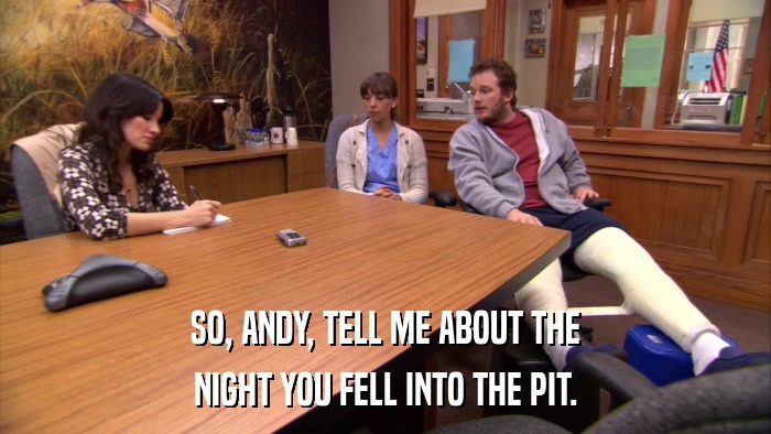 SO, ANDY, TELL ME ABOUT THE NIGHT YOU FELL INTO THE PIT. 