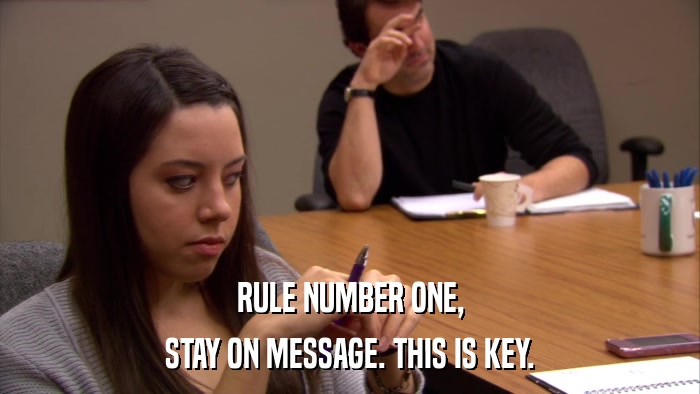 RULE NUMBER ONE, STAY ON MESSAGE. THIS IS KEY. 