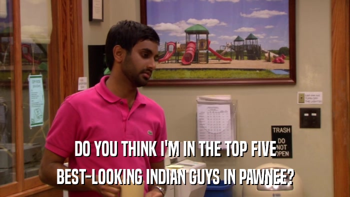 DO YOU THINK I'M IN THE TOP FIVE BEST-LOOKING INDIAN GUYS IN PAWNEE? 