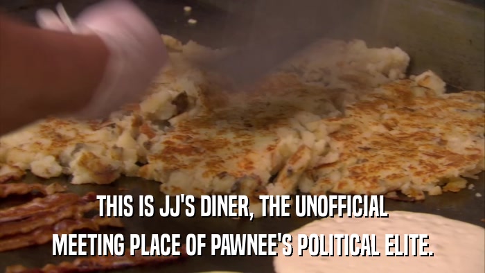 THIS IS JJ'S DINER, THE UNOFFICIAL MEETING PLACE OF PAWNEE'S POLITICAL ELITE. 