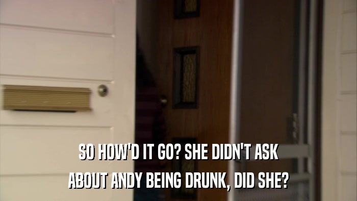 SO HOW'D IT GO? SHE DIDN'T ASK ABOUT ANDY BEING DRUNK, DID SHE? 
