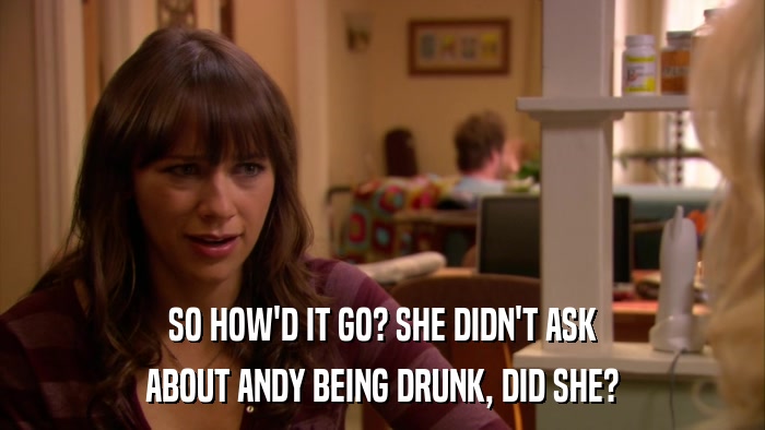 SO HOW'D IT GO? SHE DIDN'T ASK ABOUT ANDY BEING DRUNK, DID SHE? 