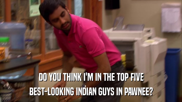 DO YOU THINK I'M IN THE TOP FIVE BEST-LOOKING INDIAN GUYS IN PAWNEE? 