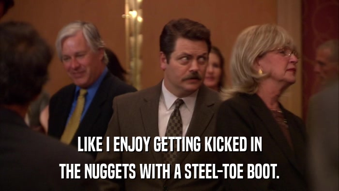 LIKE I ENJOY GETTING KICKED IN THE NUGGETS WITH A STEEL-TOE BOOT. 