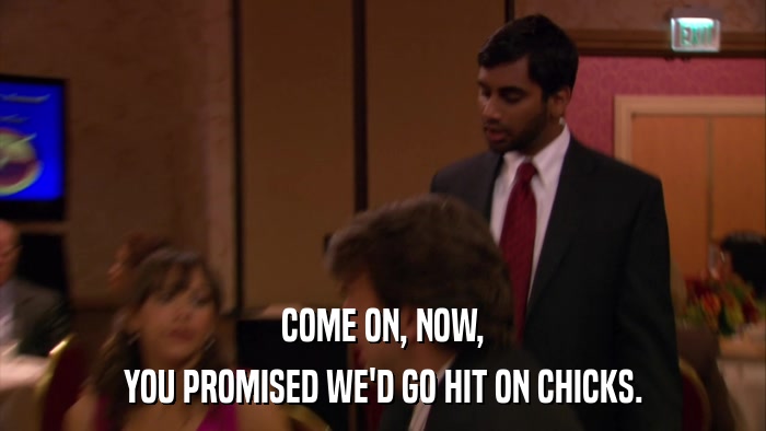 COME ON, NOW, YOU PROMISED WE'D GO HIT ON CHICKS. 