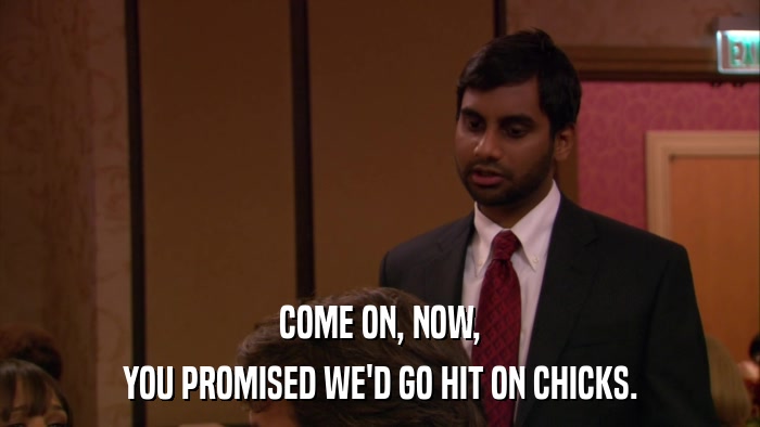 COME ON, NOW, YOU PROMISED WE'D GO HIT ON CHICKS. 