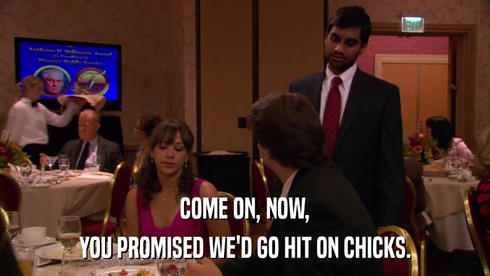 COME ON, NOW, YOU PROMISED WE'D GO HIT ON CHICKS. 