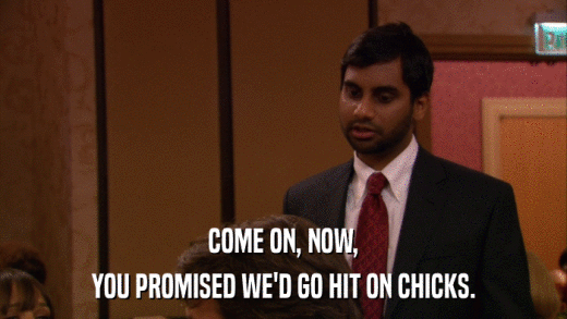 COME ON, NOW, YOU PROMISED WE'D GO HIT ON CHICKS. 