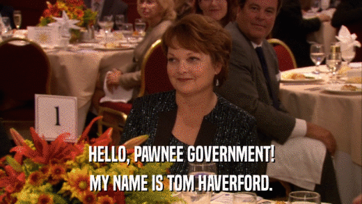HELLO, PAWNEE GOVERNMENT! MY NAME IS TOM HAVERFORD. 