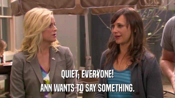 QUIET, EVERYONE! ANN WANTS TO SAY SOMETHING. 