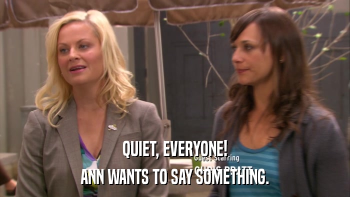 QUIET, EVERYONE! ANN WANTS TO SAY SOMETHING. 