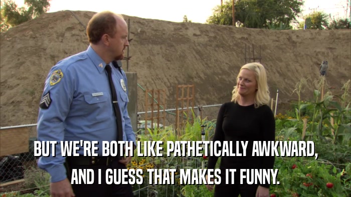 BUT WE'RE BOTH LIKE PATHETICALLY AWKWARD, AND I GUESS THAT MAKES IT FUNNY. 