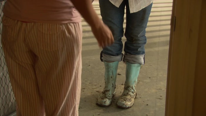 OH, LOOK AT MY BOOTS. SHOULD I TAKE THESE OFF? 