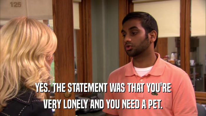 YES. THE STATEMENT WAS THAT YOU'RE VERY LONELY AND YOU NEED A PET. 