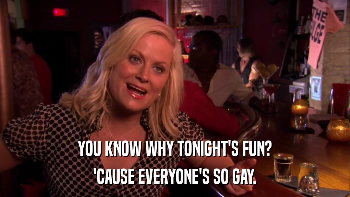 YOU KNOW WHY TONIGHT'S FUN? 'CAUSE EVERYONE'S SO GAY. 