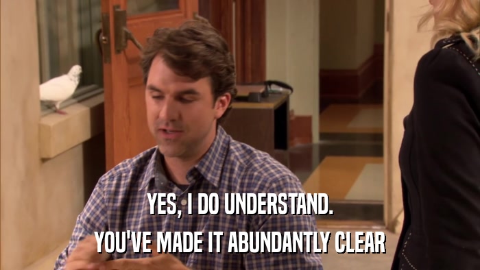 YES, I DO UNDERSTAND. YOU'VE MADE IT ABUNDANTLY CLEAR 