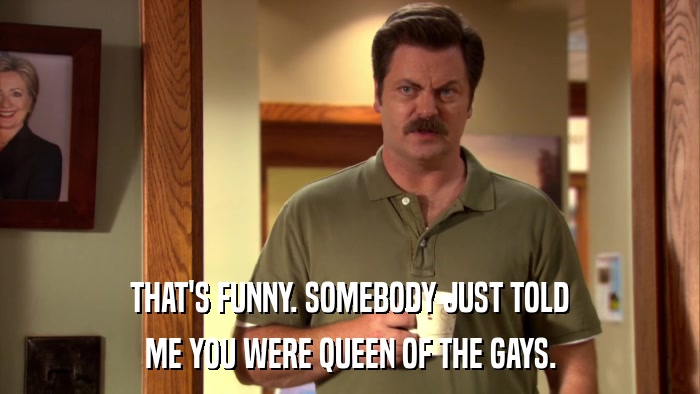 THAT'S FUNNY. SOMEBODY JUST TOLD ME YOU WERE QUEEN OF THE GAYS. 